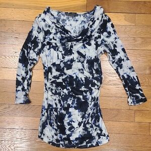 Rose & Olive- Blue, White And Gray Abstract Cowl Neck Blouse Size Small.